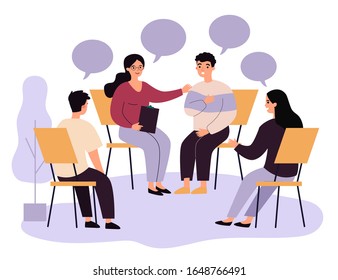 People suffering from problems, attending psychological support meeting. Patients sitting in circle, talking. Vector illustration for group therapy, counseling, psychology, help, conversation concept