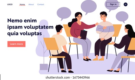 People suffering from problems, attending psychological support meeting. Patients sitting in circle, talking. Vector illustration for group therapy, counseling, psychology, help, conversation concept