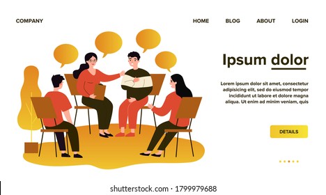 People suffering from problems, attending psychological support meeting. Patients sitting in circle, talking. Vector illustration for group therapy, counseling, psychology, help, conversation concept