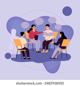 People suffering from problems, attending psychological support meeting. Patients sitting in circle, talking. Vector illustration for group therapy, counseling, psychology, help, conversation concept