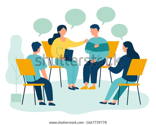 People suffering from problems, attending\
psychological support meeting. Patients sitting in circle, talking.\
Vector illustration for group therapy, counseling, psychology,\
help, conversation\
concept