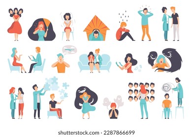 People suffering from psychological disorders set. Emotional burnout, depression, bipolar, seasonal affected, OCD. Mental health concept flat vector