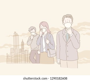 People suffering from smog and air pollution in line style illustration