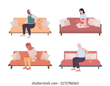 People suffering from stomach and back pain semi flat color vector character set. Editable figures on sofa. Simple cartoon style illustration collection for web graphic design and animation