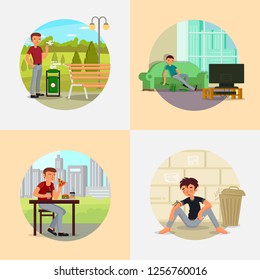 People suffering from various addictions. Vector flat illustration. Smoking, alcoholism, hard drugs, fast food unhealthy eating. Bad habits that cause dependency, lead to social and health problems.