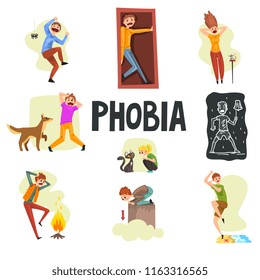 People suffering from various phobias set, arachnophobia, claustrophobia, musophobia, cynophobia, nyctophobia, pyrophobia, ailurophobia, acrophobia, hydrophobia vector Illustrations