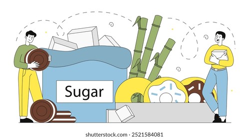 Personas con productos azucarados. Hombres con cubitos de azúcar, caña y galletas de chocolate. Postre y delicadeza. Chatarra de comer dulce. Ilustración vectorial lineal aislada sobre fondo blanco