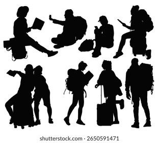 People with suitcase, tour, tourism, tourist, holidays, vacation silhouette. Silhouette of woman traveler with luggage at an airport. Traveler with bags rolling suitcase. Man and woman carry baggage.