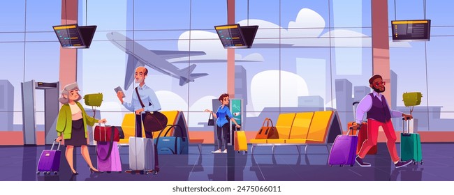 People with suitcases in airport waiting room with airplane over large window, seats and screen with information, metal detector. Cartoon vector man and woman passenger with baggage in airline hall.