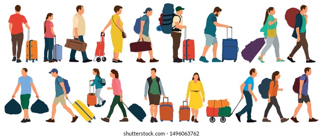 People with suitcases bags and backpacks. A crowd of people tourists. Migration of people. Vecton illustration isolated set