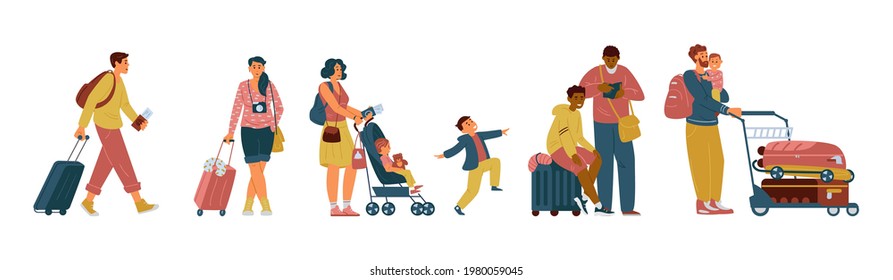People With Suitcases, Bags Standing In Line In Airport. Isolated On White. Flat Vector Illustration.