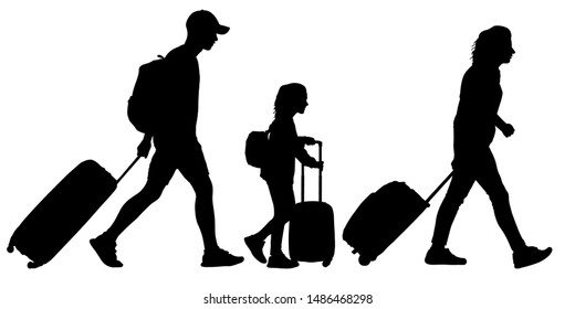 People with suitcases go on a trip. Family with a child goes on vacation. Vector silhouette