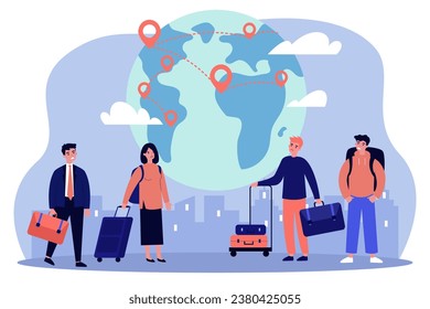People with suitcases looking for places for migration. Flat vector illustration. Globe with destination points. Migration crisis, increased migration concept
