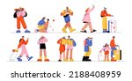 People with suitcases, map and camera in travel. Concept of tourism, journey, trip. Vector flat illustration of tourists, persons with luggage, camera, backpack, smartphone and binoculars