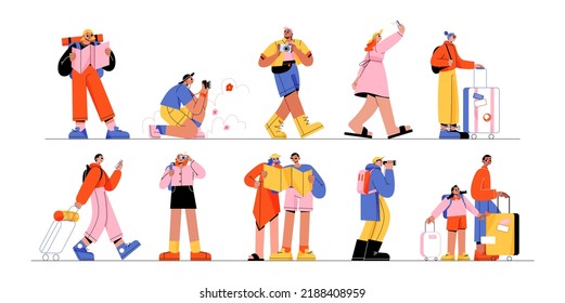 People with suitcases, map and camera in travel. Concept of tourism, journey, trip. Vector flat illustration of tourists, persons with luggage, camera, backpack, smartphone and binoculars