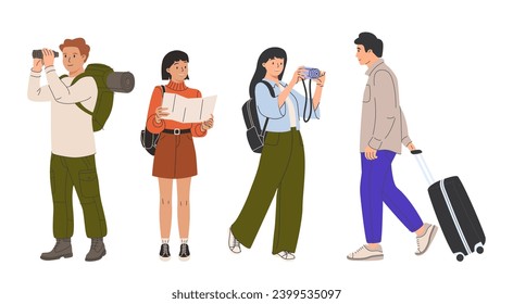 People with suitcases, map and camera in travel. Concept of tourism, journey, trip. Vector flat illustration of tourists, persons with luggage, camera, backpack, smartphone and binoculars