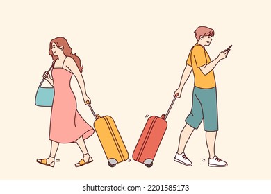 People with suitcases ready to travel in airport. Smiling tourist with baggage before vacation. Tourism and holidays. Vector illustration. 