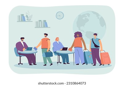 People with suitcases at relocation agency vector illustration. Cartoon drawing of company employees choosing moving or traveling locations for families. Relocation, advertisement, immigration concept