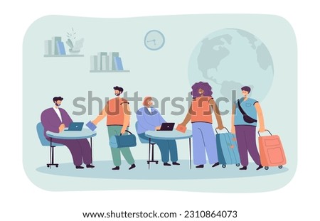 People with suitcases at relocation agency vector illustration. Cartoon drawing of company employees choosing moving or traveling locations for families. Relocation, advertisement, immigration concept