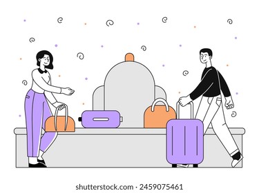 People with suitcases simple. Man and woman with luggage and baggage in airport line. Travelers and tourists waiting for flight. Doodle flat vector illustration isolated on white background