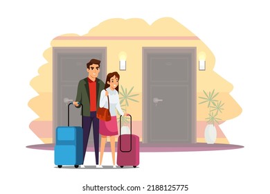 People with suitcases standing in hotel corridor in front of entrance doors vector illustration. Cartoon couple booking room, checkin or checkout, accommodation of family guests during travel