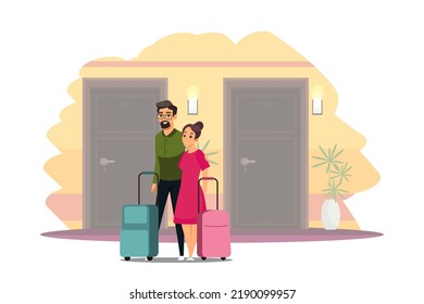 People with suitcases standing in hotel corridor in front of entrance doors vector illustration. Cartoon couple booking room, checkin or checkout, accommodation of family guests during travel