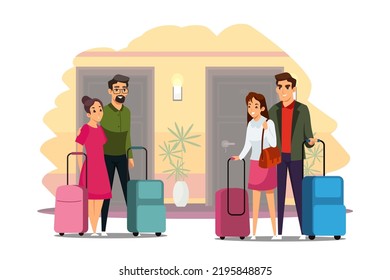 People with suitcases standing in hotel corridor in front of entrance doors vector illustration. Cartoon couples booking rooms, checkin or checkout, accommodation of family guests during travel