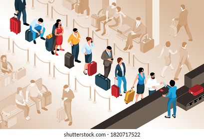 People with suitcases standing in queue in airport 3d isometric vector illustration