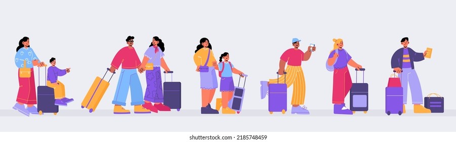 People with suitcases standing in queue to check desk in airport terminal or station. Vector flat illustration of passengers with luggage and tickets waiting in line