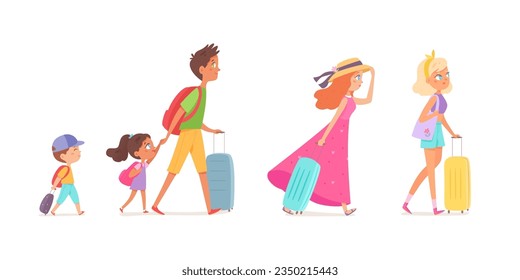 People with suitcases travel set vector illustration. Cartoon isolated tourist characters with bags and backpack walk in airport or train station, girls go with baggage, children walking behind parent