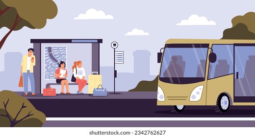 People with suitcases waiting for bus on comfortable stop flat vector illustration