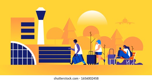 People with suitcases walking towards airport terminal building or sitting outside on bench. Tourists or travelers with baggage waiting for flight departure. Modern flat cartoon vector illustration.