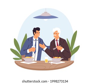 People in suits eating and talking at business lunch. Businessmen at meeting in restaurant. Office workers at dinner in cafe. Colored flat vector illustration isolated on white background