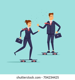 People in suits are riding skateboards. Business, work, office. Flat design vector illustration.