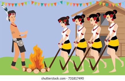 People of Sumi Naga tribe in Nagaland celebrating Tuluni Festival. East Indian cultural festival celebration concept illustration vector.
