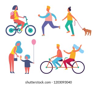 People summer activities isolated icons set vector. Person on bicycle, couple riding bike for two person. Mom with child holding air balloon in hands