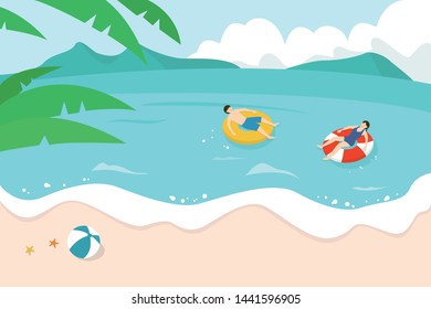 People in summer beach. Flat style vector illustration.