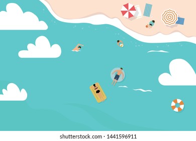 People in summer beach. Flat top view vector illustration.