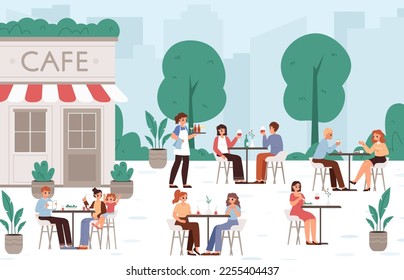 People in summer cafe drinking and eating. Food market, outdoor restaurant or cafeteria. Young adults and teens, waiter on wark snugly vector scene