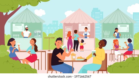 People in summer cafe. Outdoor table, lunch in street restaurant. Diversity persons in park, food festival or market decent vector concept