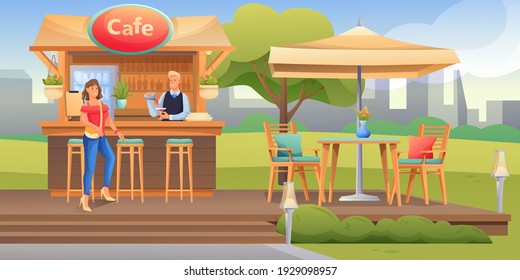 People In Summer Cafe With Terrace Outdoor Scene. Restaurant Outside With Table Under Umbrella, Bar Counter Vector Illustration. Man Working, Woman Visitor Sitting On Stool.