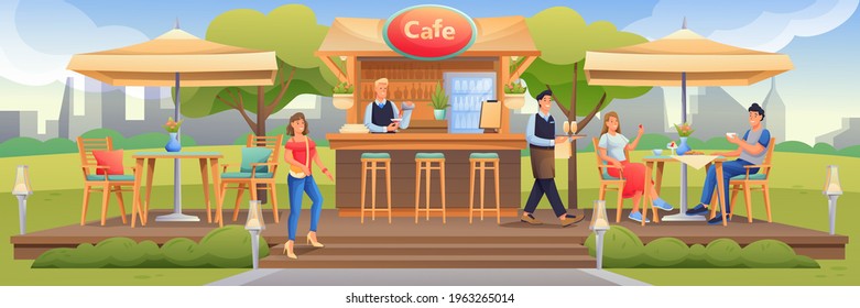 People In Summer Cafe With Terrace Outdoor Scene. Restaurant Outside With Tables Under Umbrellas, Bar Counter Vector Illustration. Couple Sitting, Waiter Going, Man At Counter.