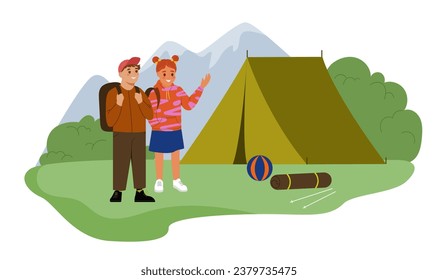 People at summer camping concept. Man and woman near green tent. Travel and trip, tourists at nature. Active lifestyle and leisure. Graphic element for website. Cartoon flat vector illustration