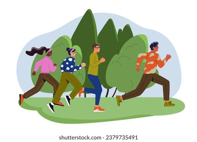 People at summer camping concept. Man and woman run at forest. Travel and trip, tourists at nature. Marathon and sprint runners. Active lifestyle and sport. Cartoon flat vector illustration