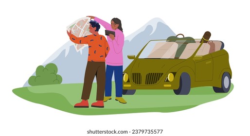 People at summer camping concept. Man and woman near green camper. Travel and trip, tourists at nature. Young guy and girl in forest. Poster or banner. Cartoon flat vector illustration