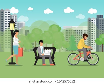 People in summer city park vector illustration. Characters recreation and work outdoor park. Woman walking, male riding cycle. Business man sit on bench, works on laptop. Summertime citizens activity