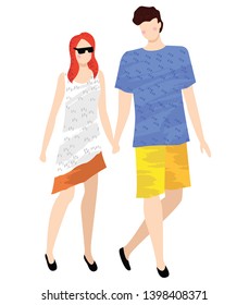 People in summer cloth walking together, isolated cartoon characters on white. Vector people on rest, woman in white dress and man in blue shirt and yellow trousers