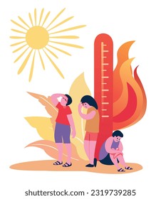 People in summer extreme heat. Thermometer with high temperature, fatigue person, hot sun. Overheat, heat stroke in global warming design. Vector flat cartoon illustration 