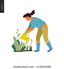People summer gardening - flat vector concept illustration of a young woman wearing blouse and trousers, mitts and boots, watering a blooming plant, self-sufficiency concept