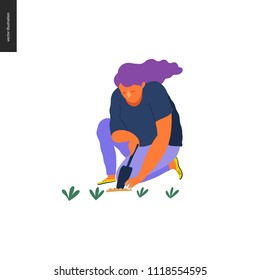 People summer gardening - flat vector concept illustration of a young woman sitting on the ground in the squatting position planting a plant into the soil with a scoop, self-sufficiency concept